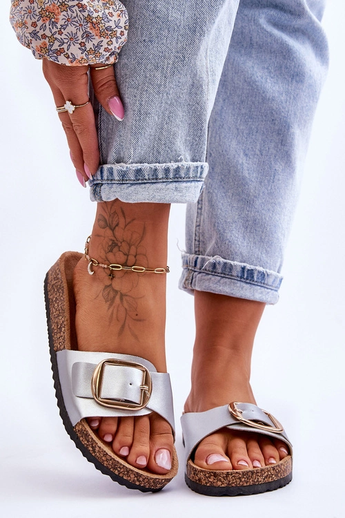 Damskie Klasyczne Klapki Na Korkowej Platformie Srebrne Noa