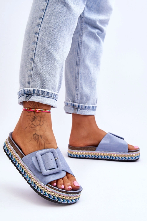 Damskie Klapki Na Zdobionej Platformie Niebieskie Joyce
