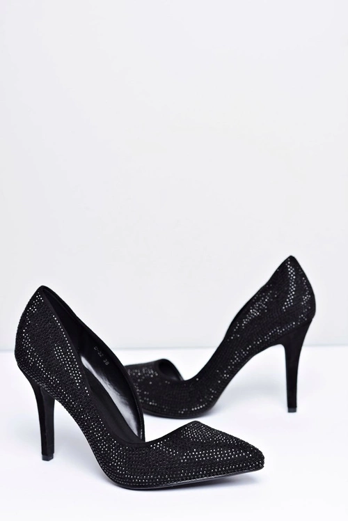 Szpilki Damskie Czarne Zamszowe Cyrkonie Asymetryczne Santee