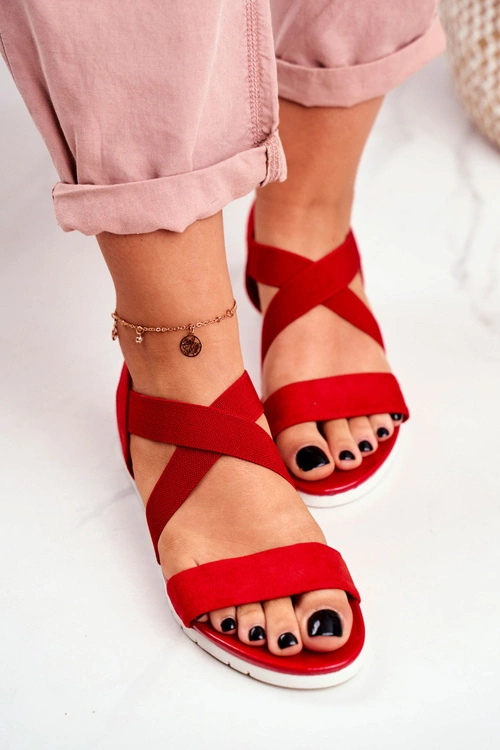 Sandałki Damskie Na Koturnie Czerwone Wsuwane Harper