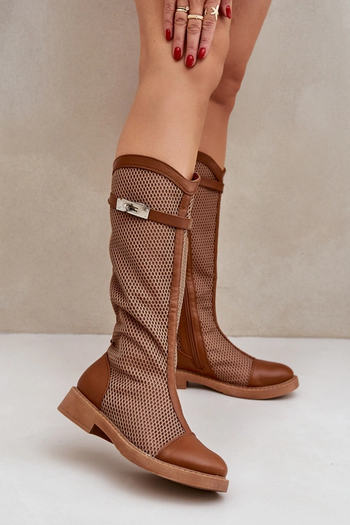 Siateczkowe Kozaki Na Płaskim Obcasie Do Połowy Łydki Brązowe Asgerda