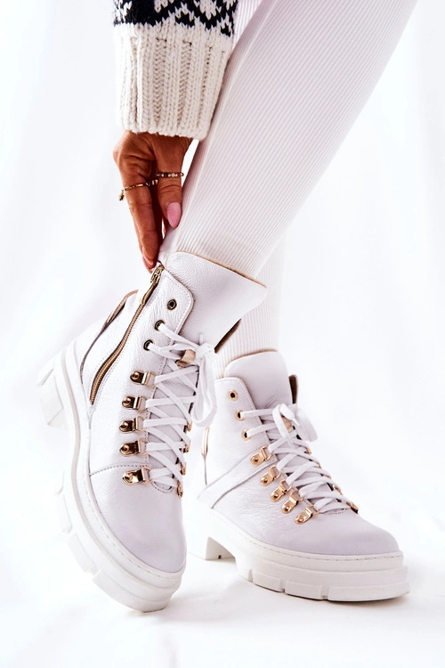 Skórzane Ocieplane Botki Białe Brescia