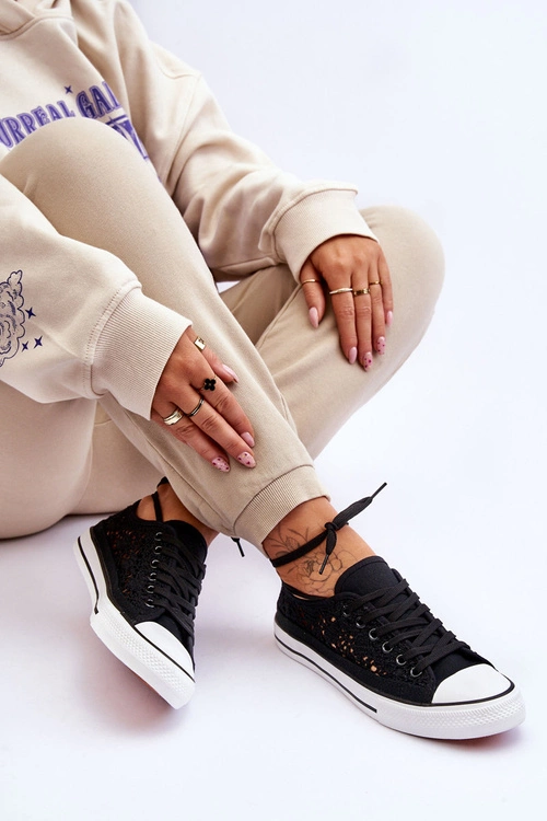 Damskie Koronkowe Materiałowe Trampki Czarne Fergo