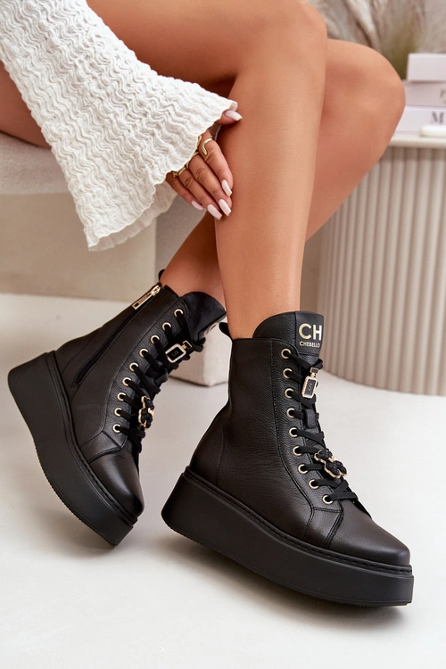 Damskie Skórzane Botki Workery Z Przypinkami Czarne CheBello 4294