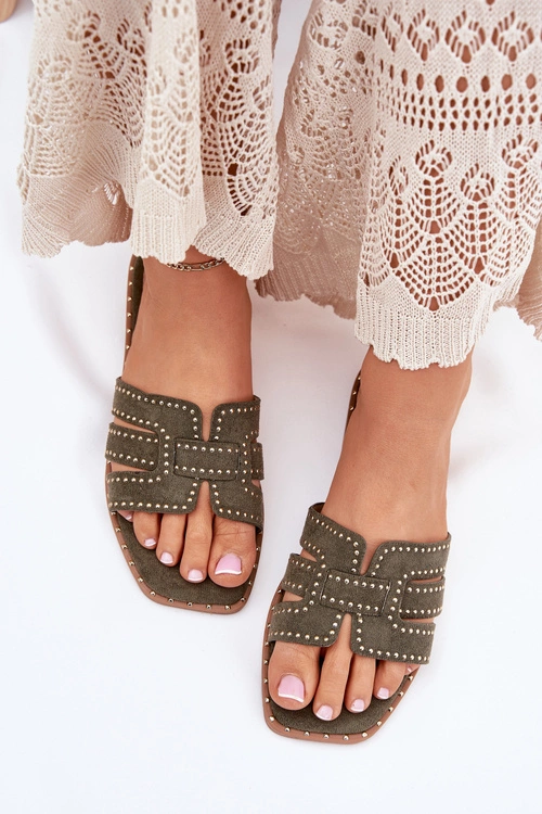 Zdobione Klapki Na Płaskim Obcasie Zielone Anniles