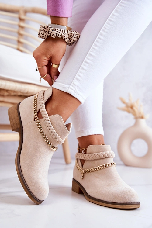 Zamszowe Botki Z Łańcuszkiem Beżowe Talitha
