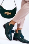 Skórzane Półbuty Z Zamszową Kokardką Zielone Thalia