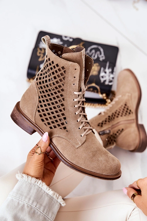 Ażurowe Zamszowe Botki Wiązane Nicole Beżowe 2696