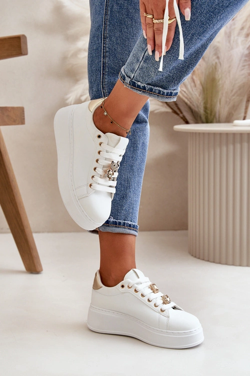 Sneakersy Damskie Na Platformie Z Misiem Białe Vailina