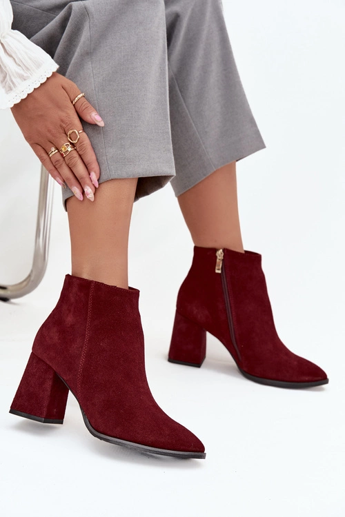 Botki Z Naturalnego Zamszu Obcas Słupek Ocieplane Bordowe Zazoo 3128