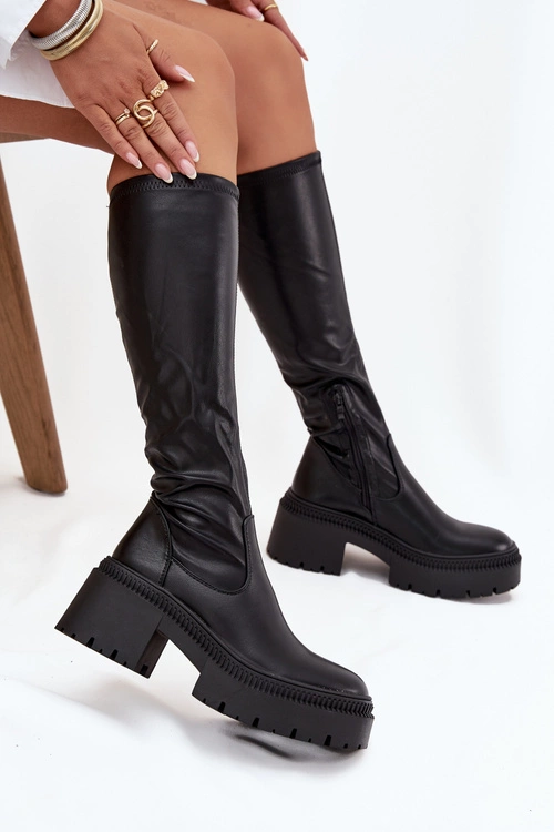 Kozaki Damskie Na Masywnym Obcasie I Platformie Wsuwane Czarne Florinne