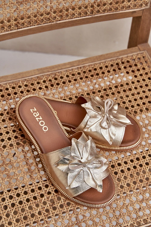 Klapki Z Ozdobą Skóra Naturalna Zazoo 3667 Złote