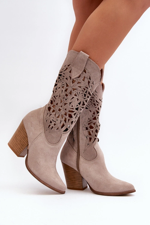 Zazoo 3414 Damskie Ażurowe Botki Na Słupku Zamszowe Cappucino