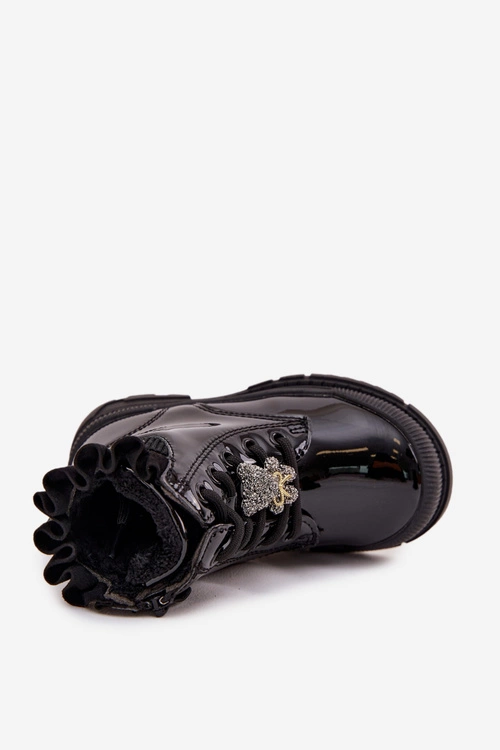 Lakierowane Botki Dziecięce Ocieplane Z Przypinką Miś Czarne Fionessa