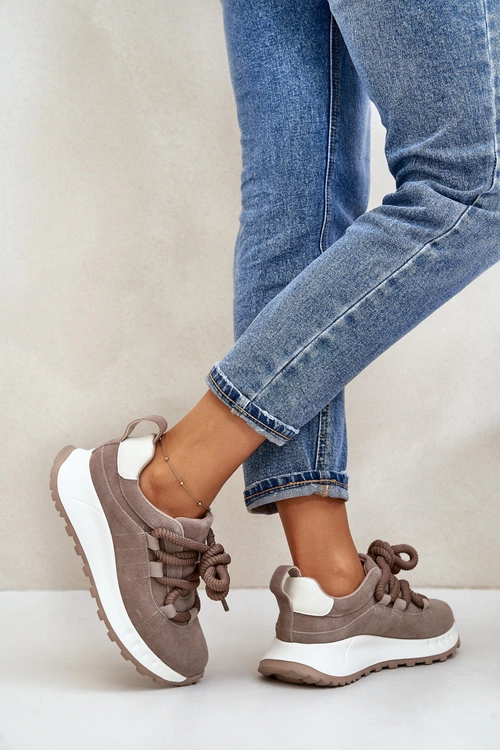 Zamszowe Sneakersy Damskie Z Grubym Sznurowaniem Artiker 54C1409 Beżowe