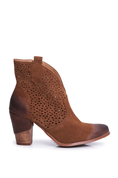 Botki Damskie Na Słupku Skórzane Welurowe Kowbojki Exquisite Brązowe 1170