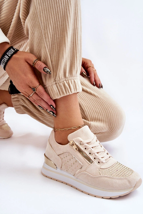 Damskie Buty Sportowe Z Ozdobnym Zamkiem Kremowe Adrea