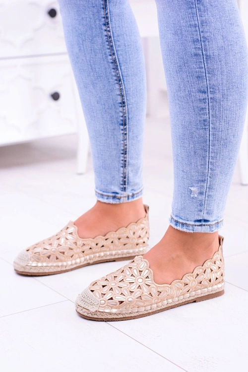 Lu Boo Damskie Baleriny Złote Espadryle w Kwiaty Macarena