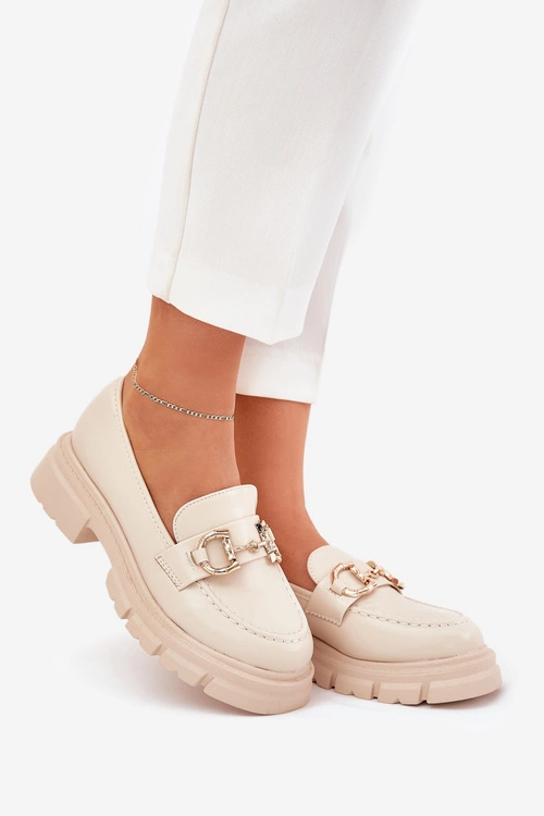 Mokasyny Damskie Eko Skórzane Ze Złotym Detalem Beżowe Ravalissea