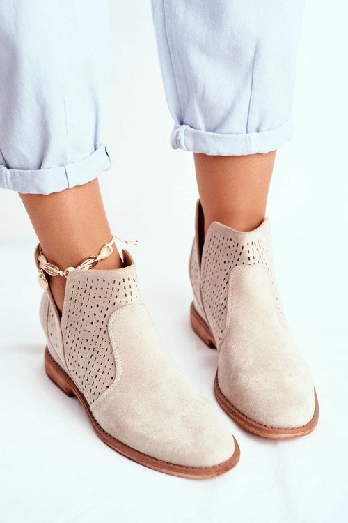 Botki Damskie Płaski Obcas Zamszowe Ażurowe Cappuccino Shades