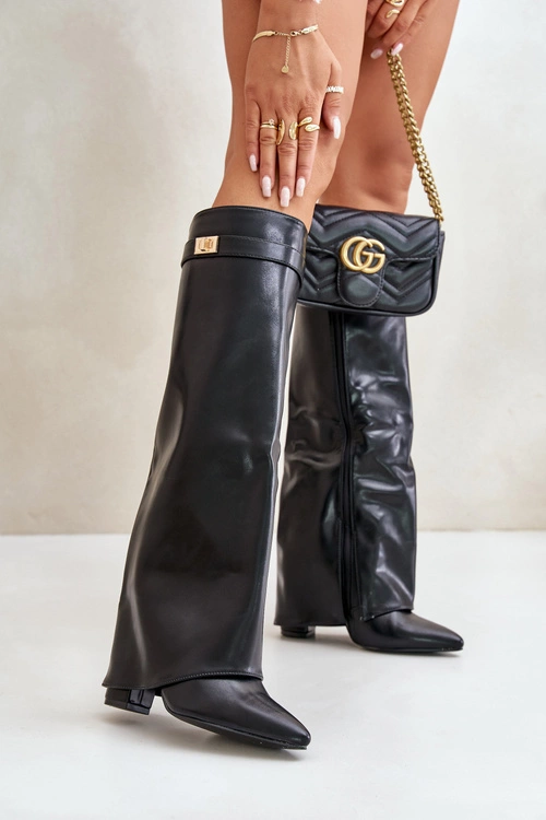 Kozaki Damskie Eko Skórzane Z Wywiniętą Cholewką Na Słupku Czarne Avamora