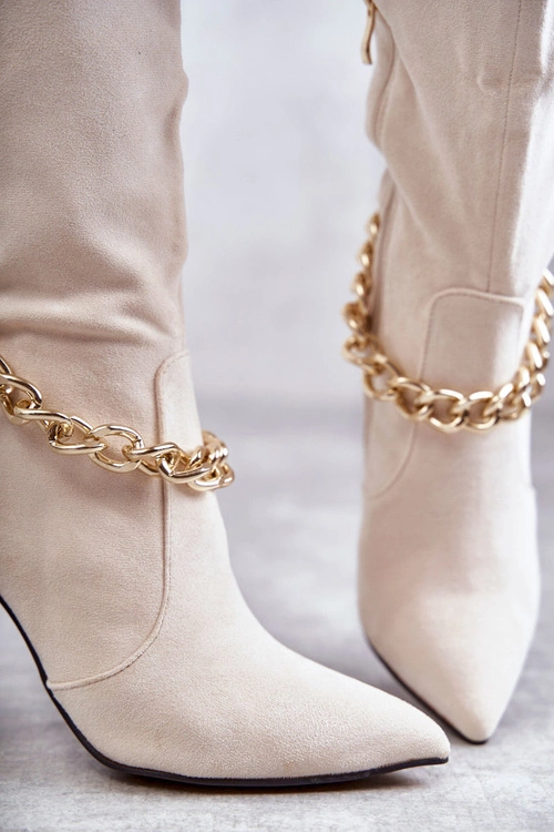 Damskie Zamszowe Ocieplane Kozaki Z Łańcuchem Jasnobeżowe Jasmin