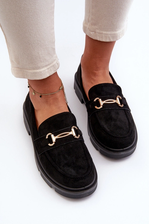 Mokasyny Damskie Ze Złotą Ozdobą Eko Zamszowe Czarne Lighas