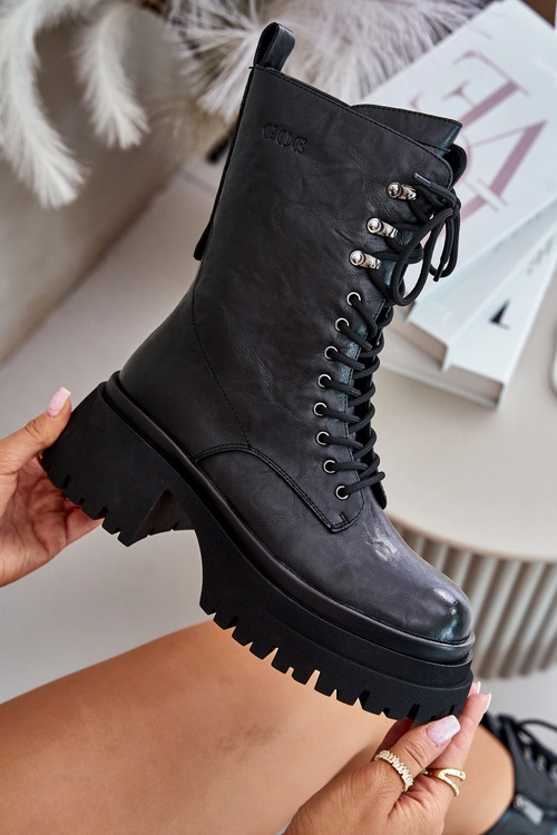 Skórzane Botki Workery Damskie Ocieplane GOE OO2N4121 Czarne