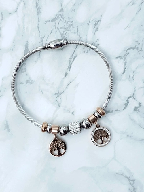 Damska Bransoleta Na Stalowej Lince Z Zawieszkami Różowe Złoto Charms