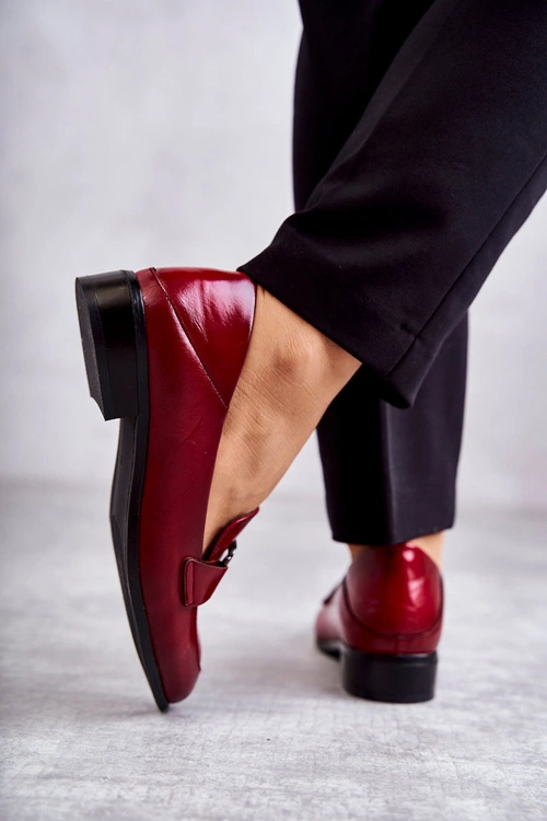 Modne Skórzane Półbuty Loafery Bordowe Trine