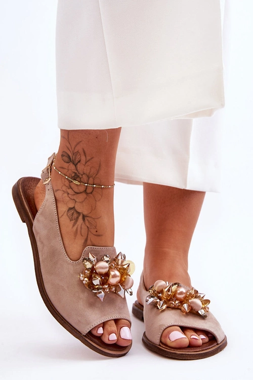 Zamszowe Płaskie Sandały Nicole 2805/042 Beżowe