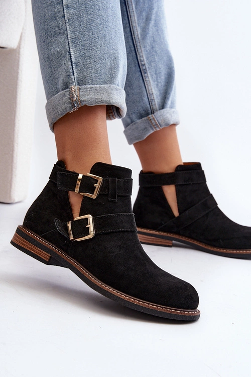 Damskie Botki Na Płaskim Obcasie Z Paskami Czarne Melviana