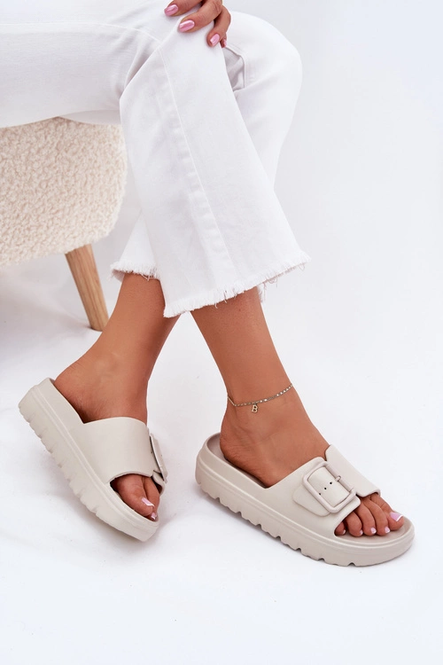 Klapki Damskie Piankowe Na Platformie Z Klamrą Beżowe Viasara