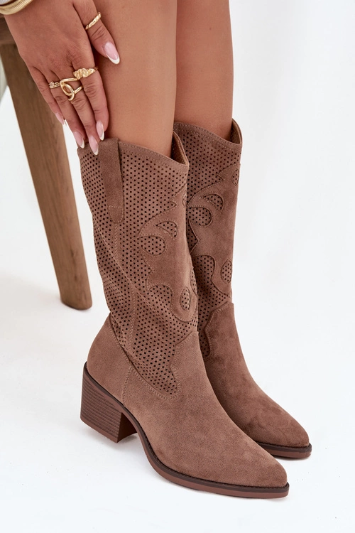 Ażurowe Kozaki Kowbojki Damskie Na Obcasie Ciemnobeżowe Olivette