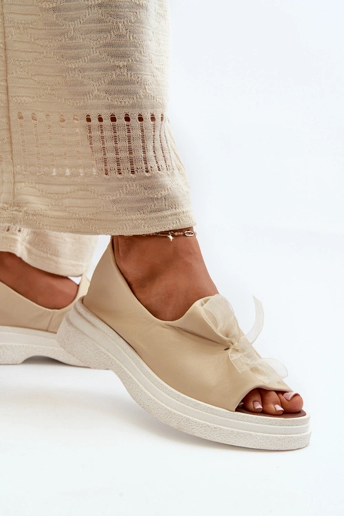 Zazoo 2939 Skórzane Sandały Damskie Z Kokardką Jasnobeżowe