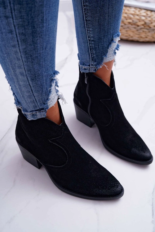 Damskie Botki Kowbojki Zamszowe Czarne Barski 1638