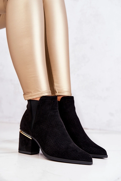 Zamszowe Botki Kowbojki Ażurowe Czarne Helloni