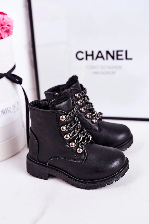 Dziecięce Ocieplane Traperki Eko Skóra Łańcuch Czarne Rock&Roll