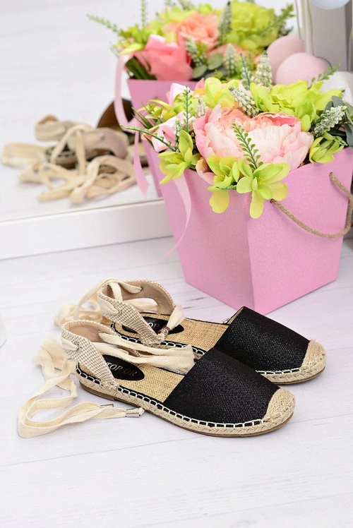 Damskie Lniane Balerinki Wiązane Czarne Espadryle Sea