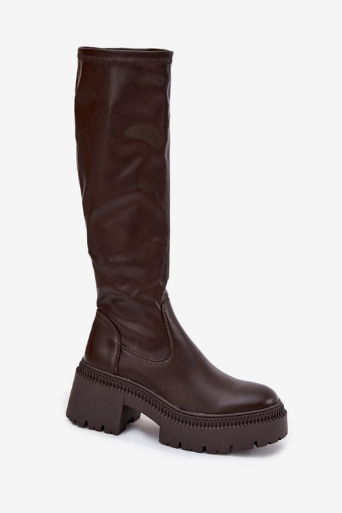 Kozaki Damskie Na Masywnym Obcasie I Platformie Wsuwane Brązowe Florinne