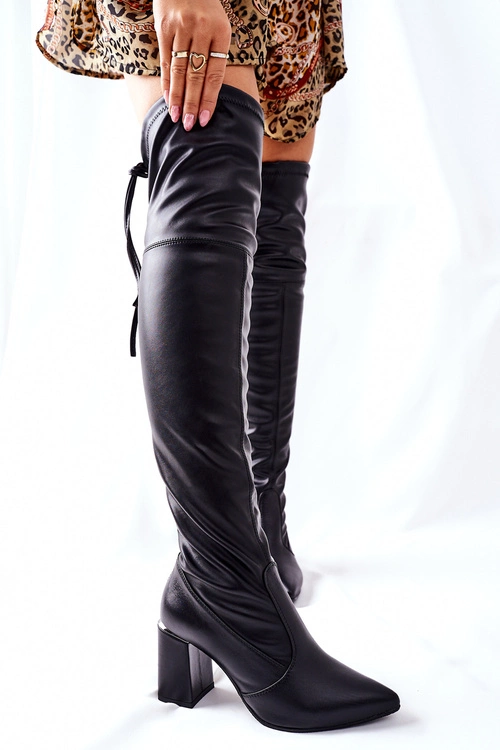 Lewski Skórzane Kozaki na Słupku Czarne Karo