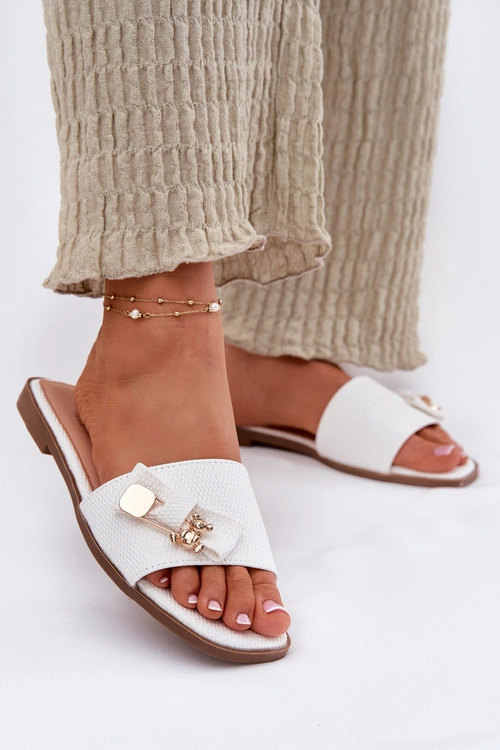 Klapki Damskie Na Płaskim Obcasie Z Kokardą Białe Sallariela