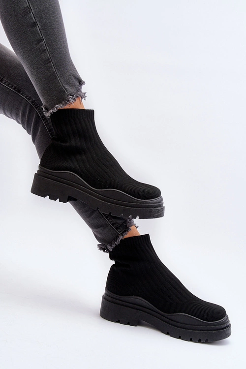 Skarpetkowe Botki Na Masywnej Podeszwie Wsuwane Damskie Czarne Elipara