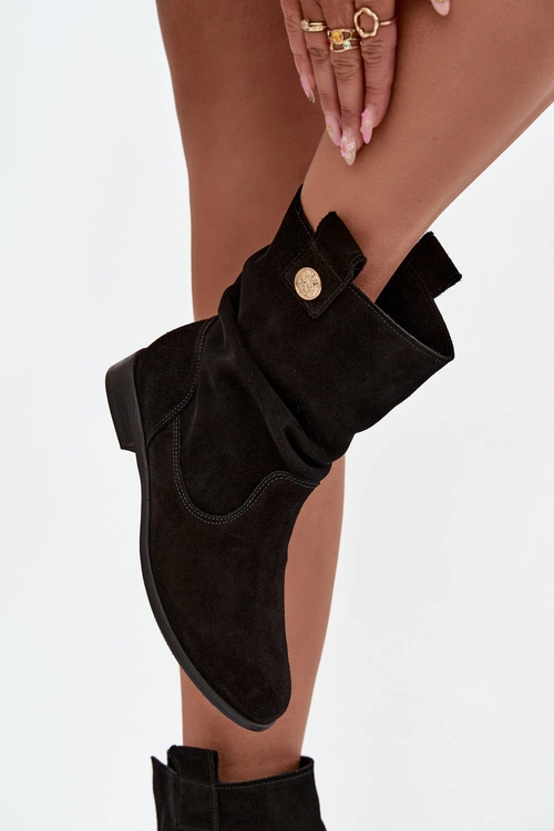 Skórzane Zamszowe Botki Damskie Z Marszczeniem Ocieplane Zazoo 4210 Czarne