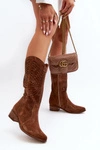 Zazoo 3305/P Zamszowe Kozaki Do Połowy Łydki Ażurowe Brązowe