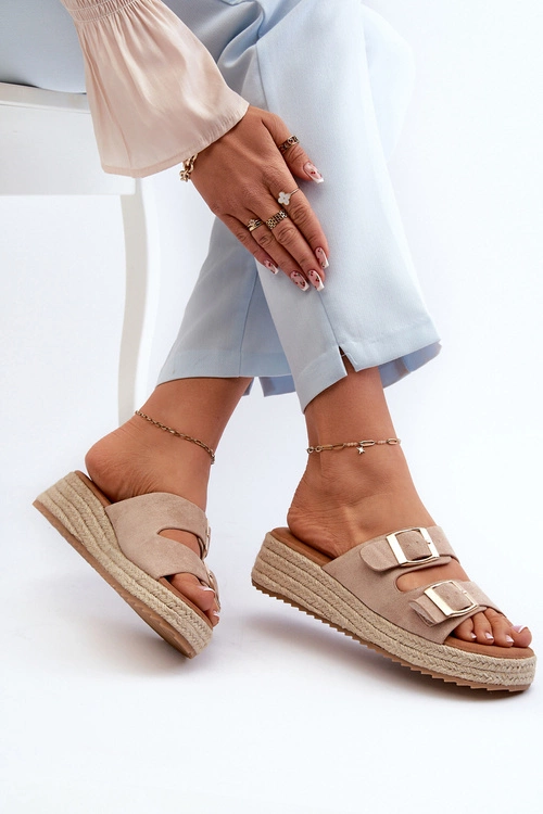 Klapki Damskie Z Plecionką Eko Zamszowe Beżowe Zaloemi