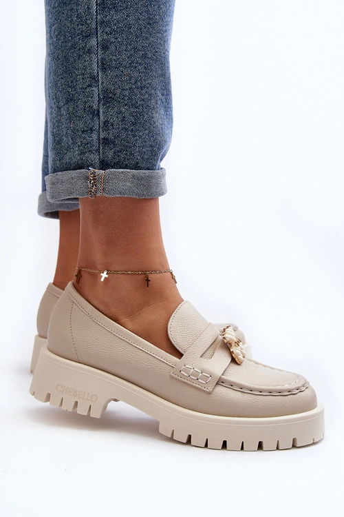 Skórzane Półbuty Mokasyny Z Misiem CheBello 4291 Jasnobeżowe