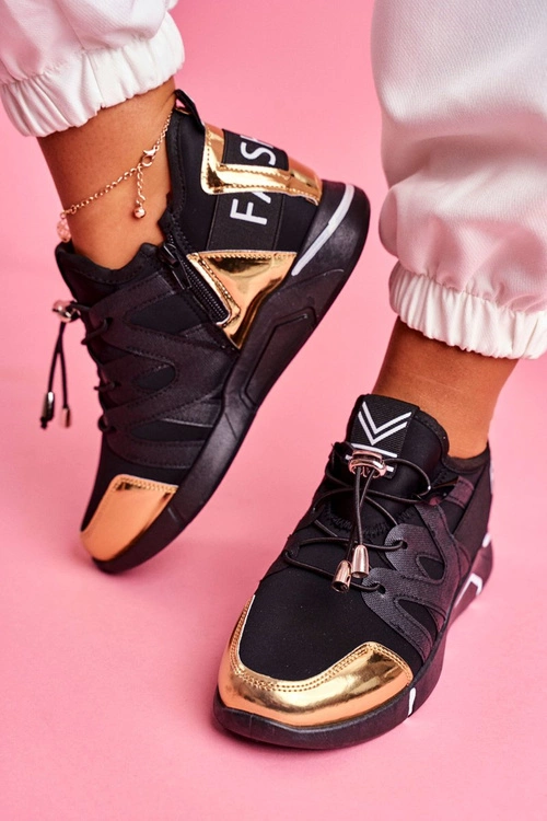 Sportowe Damskie Buty Z Suwakiem i Ściągaczem Czarno Złote Terfin