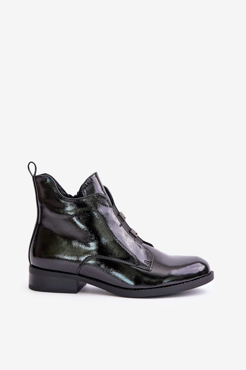 Lakierowane Botki Na Zamek Ocieplane Płaski Obcas S.Barski HY42-717 Czarne