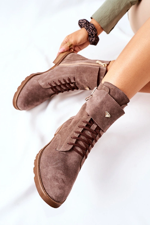 Damskie Skórzane Welurowe Botki Nicole 2682 Brązowe